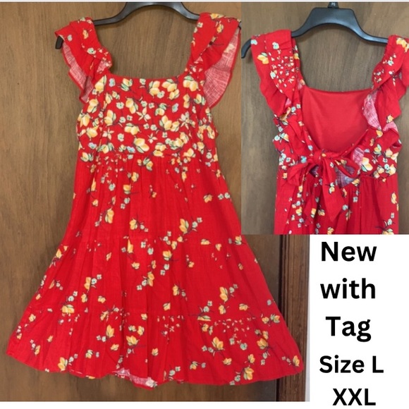Relist7/18❌ LC LAUREN CONRAD red with lemon & floral print tie back dress - Picture 3 of 16